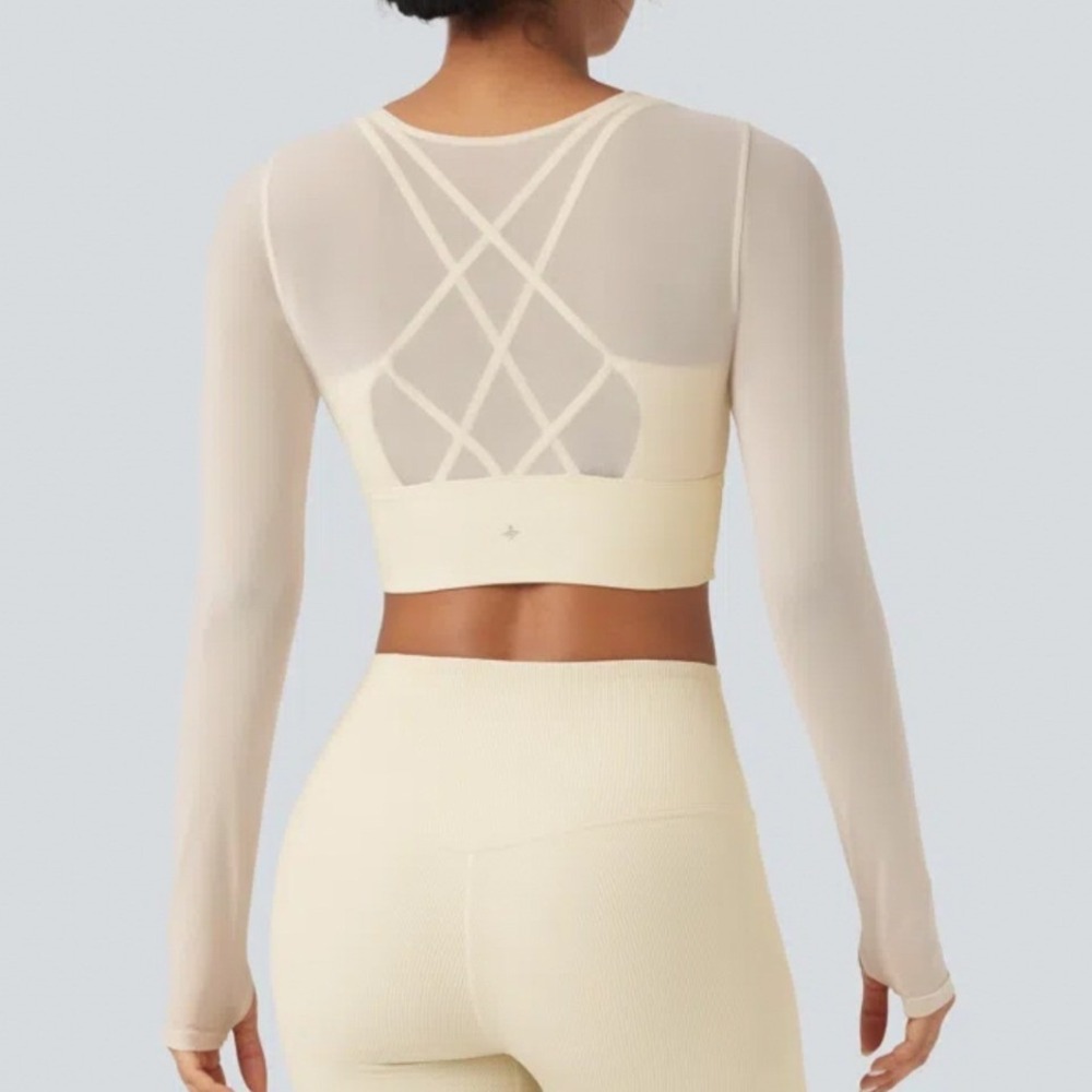 Halara Contrast Mesh Long Sleeve Cropped Yoga Top in Pearled Ivory, Large